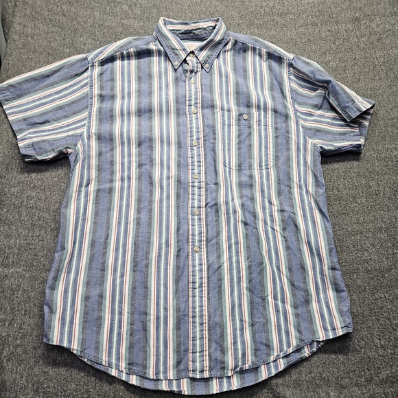 Vintage Eddie-Bauer Vertical-Stripes Shirt L Summer Style Blue Red White - Picture 2 of 9
